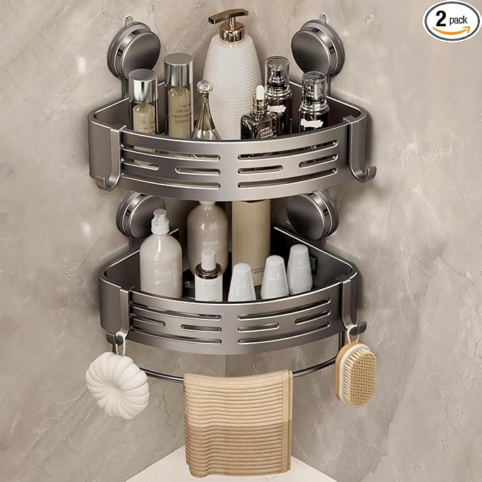 VOLPONE Corner Shower Caddy Suction Cup Shower Shelf Corner No Drilling Bathroom Shower Organizer Storage Rack Adhesive with Towel Bar Hooks (2-Pack, Matte Gray)