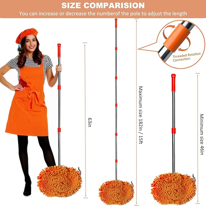 Wall Cleaner, Max 13 Ft+ Wall Mop with Long Handle, Ceiling Dust Mop with 15° Labor-Saving Elbow Extension Pole, Baseboard Duster Washer Scrubber, High Reach Window Cleaning Brush, Roof Cleaning Tool