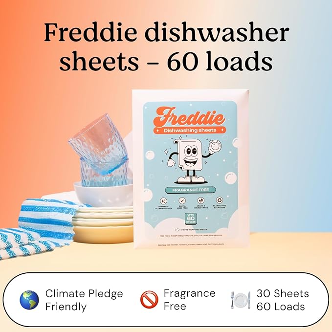 Freddie Dishwasher Sheets Fragrance Free - Space-Saving Alternative to Liquid Detergent - 60 Loads Concentrated Plastic Jug Free Strips