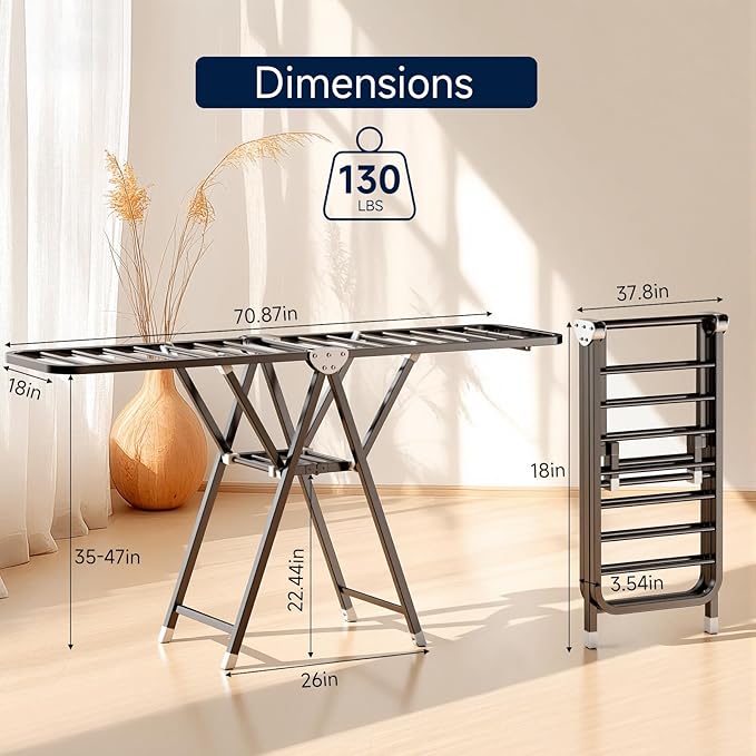 MIKEE Clothes Drying Rack,Foldable Laundry Drying Rack for Indoor & Outdoor Use，with Height-Adjustable Wings，2-Tier Clothes Rack with Windproof Hanging Holes and Wheels，132 lb