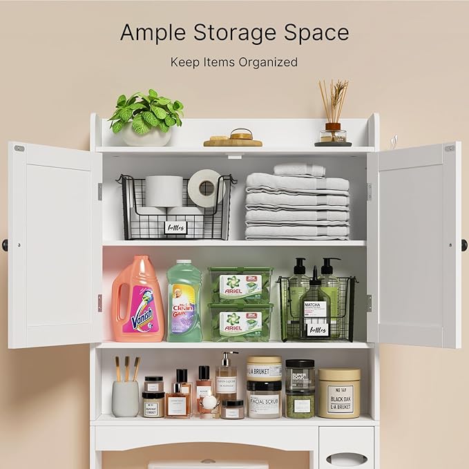 Ahomly Over The Toilet Storage Cabinet, 32.3" W x 70.3" H Over Toilet Bathroom Organizer with Doors, Adjustable Shelves, Toilet Paper Holder, 2 Side Hooks, Space-Saver for Bathroom, Laundry, White