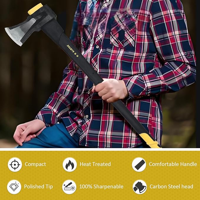 36" Chopping Axe Hatchet with Nylon Shock-Absorbing Handle, Camping Axe for Logs, Wood Axe