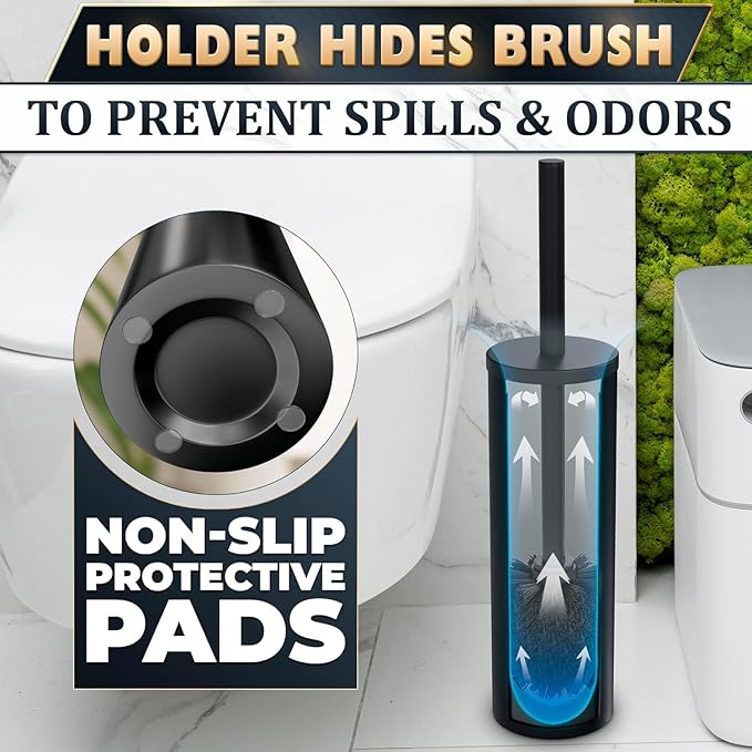 2 PCS Black Toilet Brush and Holder Set - Scratch Resistant Black Toilet Bowl Brush and Holder with Soft Bristles Replaceable Head, Protection from Splashes, and Compact Design - for Cleaning