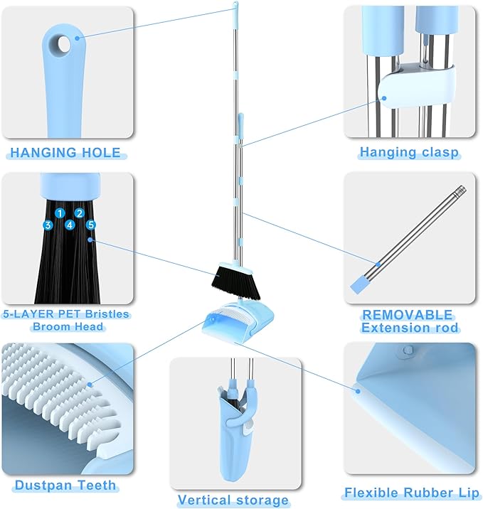 Broom and Dustpan Set House Brooms for Sweeping Indoor Collapsible Broom and Dust Pan Combo for Home Office Kitchen Lobby Floor Pet Hair (Small-Blue)