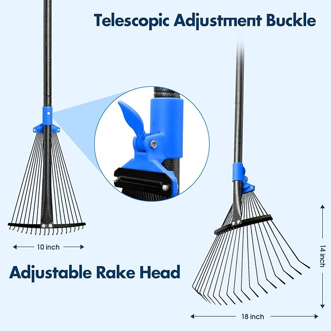 BsBsBest 75" Rake for Leaves with 18 Metal Tines 10-18" Expandable Head Rakes Adjustable Handle for Lawn Leaf Rake Yard Tools for Collecting Leaves, Grass Clippings, Garbage Blue