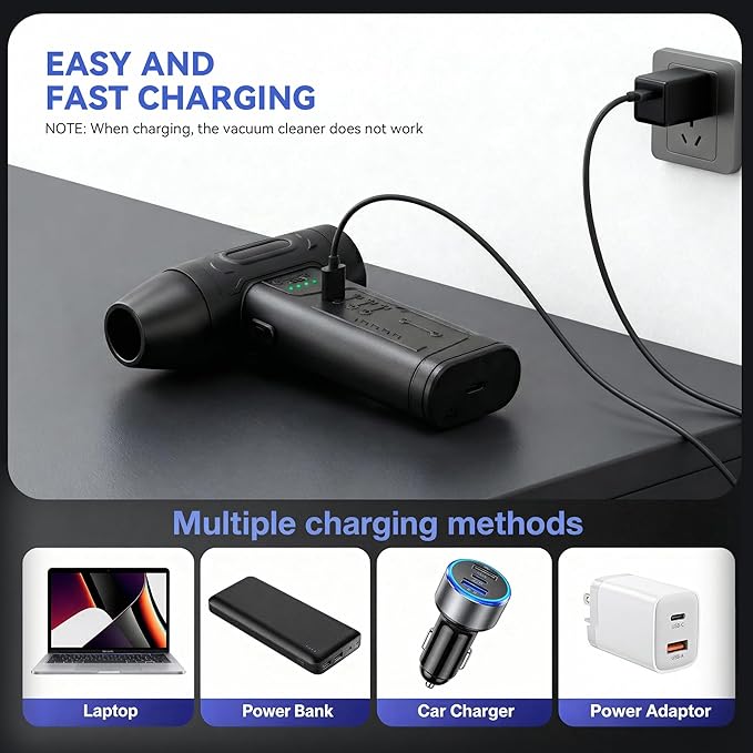 fourq Compressed Air Duster,Mini Vacuum Cleaner 2-in-1,4000 mAh,130,000 RPM Brushless Motor,8000Pa，120MPH/1.1LB Thrust Car Dryer Air Blower for Car Cleaning,Computer Cleaning