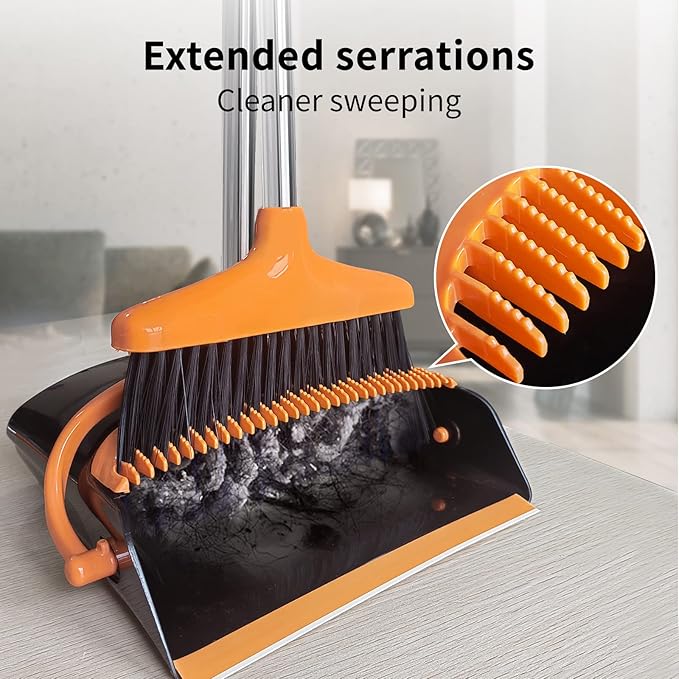Broom and Dustpan Set (53" L) Adjustable Length Stainless Steel Broomstick Standing Dustpan and Broom for Office Home Kitchen Lobby Floor (Orange and Black)