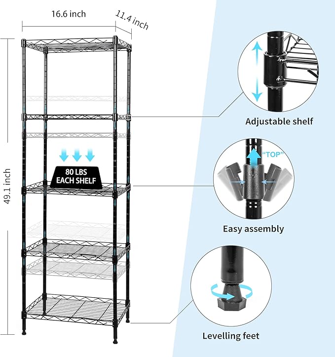SUNLPH 5-Tier Wire Shelving Adjustable Shelves Unit Metal Storage Rack for Laundry Bathroom Kitchen Pantry Closet Organization (Black, 16.6" L x 11.4" W x 49.1" H)