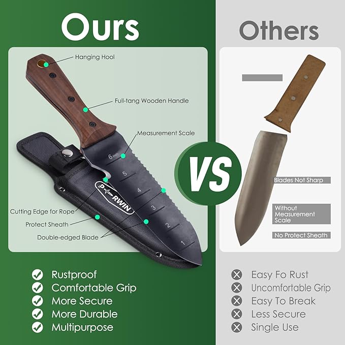 Hori Hori Garden Knife, Garden Tools with Sheath for Weeding, Planting, Digging, 7" Stainless Steel Blade with Cutting Edge, Full-Tang Wood Handle with Hanging Hole