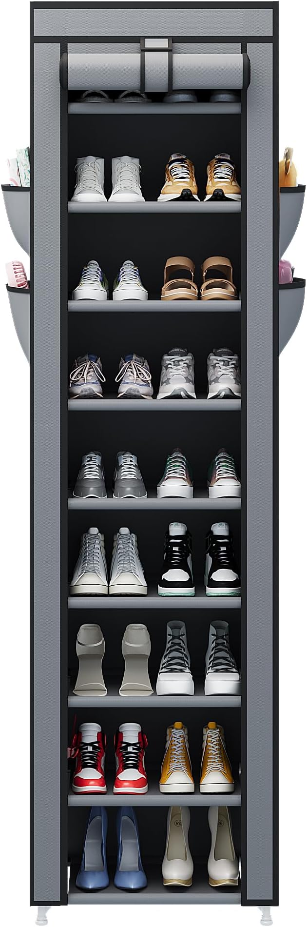 Calmootey 9 Tier Shoe Rack Organizer,Portable Shoe Shelf with Nonwoven Fabric Cover for Closet Hallway,Bedroom,Entryway,17.72x11.81x62.99inches,Grey