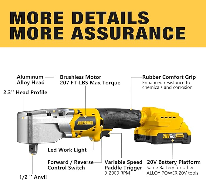 ALLOYPOWER 20V Brushless Right Angle Wrench, 207 Ft-lbs（280N.M） High Torque Cordless Power Tool with 2×2.0Ah Batteries, LED Light, 2-Speed Control, Compact 90° Design for Tight Spaces
