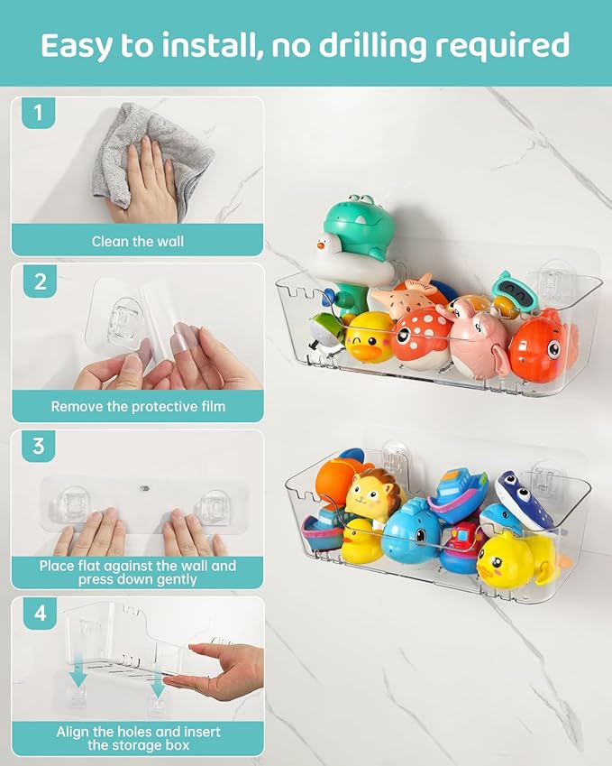 Bath Toy Storage Organizer 4 Pack, Transparent Bath Toy Holder with Drain Holes, Durable Plastic Bathtub Toy Storage for Bathroom, Quick-Dry Drainable Shower Caddy, Easy to Clean (Plastic 4 Pack)