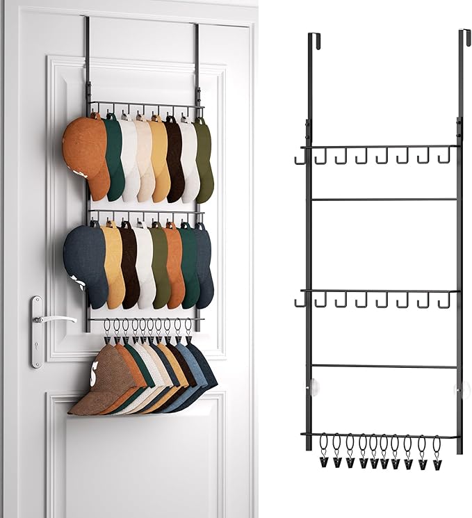 HapiRm Over Door Hat Rack - 3 Tier Wall Mounted Hat Organizer with 16 Hooks and 10 Movable Clips, Baseball Cap Organizer Storage Holds up to 26 Caps for Door, Bedroom, Closet USPTO Patent Pending