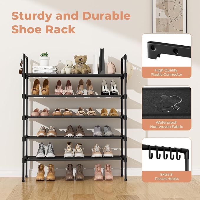 LANTEFUL 5 Tier Shoe Rack for Closet Shoe Organizer with 5 Hooks, Long Shoe Shelf Storage for Shoe and Boot Stackable Free Standing Shoe Rack for Entryway, Garage, Small Spaces, Dorm, Black