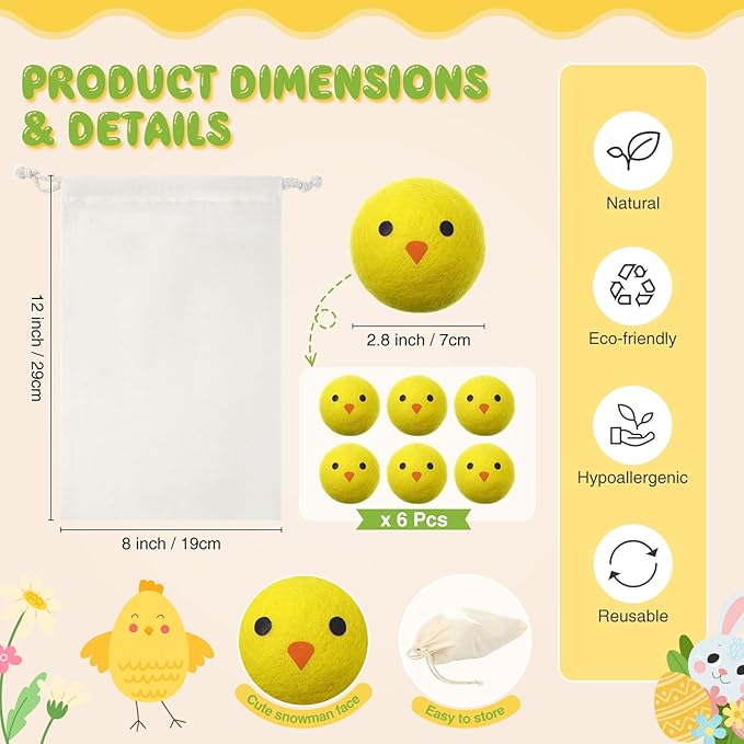 Jenaai 6 Pcs Wool Dryer Balls Bulk for Easter Laundry Basket Cute Organic XL Wool Dryer Laundry Balls Natural Soft Fabric Softener Anti Static Fabric Softener Alternative for Clothes(Easter Chick)