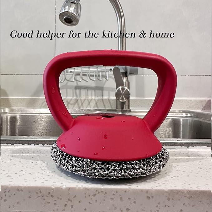 MEIXINZHI Cast Iron Cleaner, Chain Mail Scrubber & Pan Grill Scrapers - 2 in 1 Cast Iron Skillet Cleaner (red, Without mat)