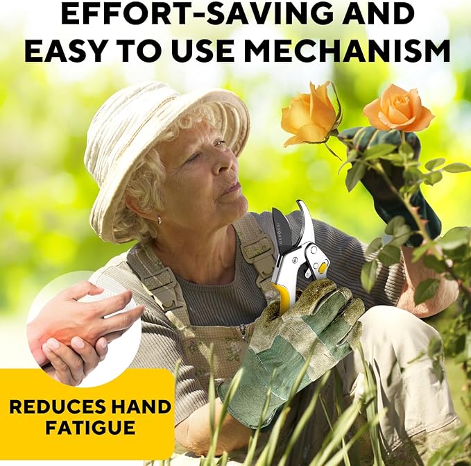 Ratchet Pruning Shears for Gardening Heavy Duty - Increases Cutting Power 3x - Perfect Ratchet Pruners for Weak Hands & Arthritis - 8” Anvil Garden Clippers - Sharp Blade for Effortless Cutting-Yellow