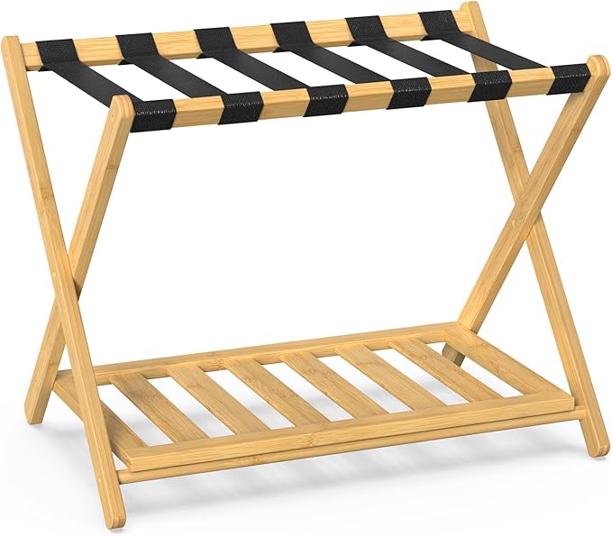 BAMBOOHOMIE 2 Pack Bamboo Luggage Rack for Guest Room, 26.77" Folding Wide Suitcase Stand with Storage Shelf, Thickened Luggage Stand Holder for Bedroom Hotel, Luggage Rack for Suitcases (Natural)