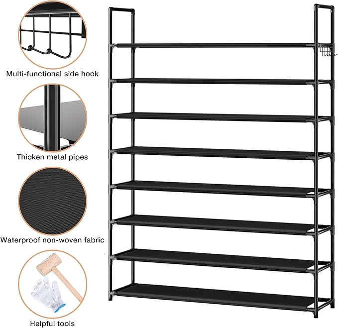 OYREL 8 Tier Shoe Organizer, 33.3in Wide x 11.2in Deep x 55.7in Tall, Black Metal and Plastic Shoe Rack, Holds up to 32-40 Pairs of Shoes