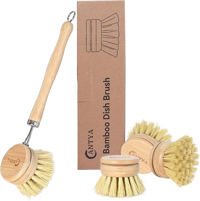 Bamboo Dish Brush with Handle - Soft Bristle, Eco-Friendly Vegetable Brush Scrubber for Food, Compostable & Sustainable, Bamboo Scrub Brush for Dishes, Pots and Pans