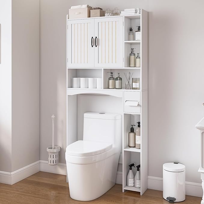Viaozutis Over The Toilet Storage Cabinet, Over Toilet Bathroom Organizer, Bathroom Storage cabinets with Anti Tipping Devices, Storage cabinets with Toilet Paper Holders, for Bathroom, Laundr（White）