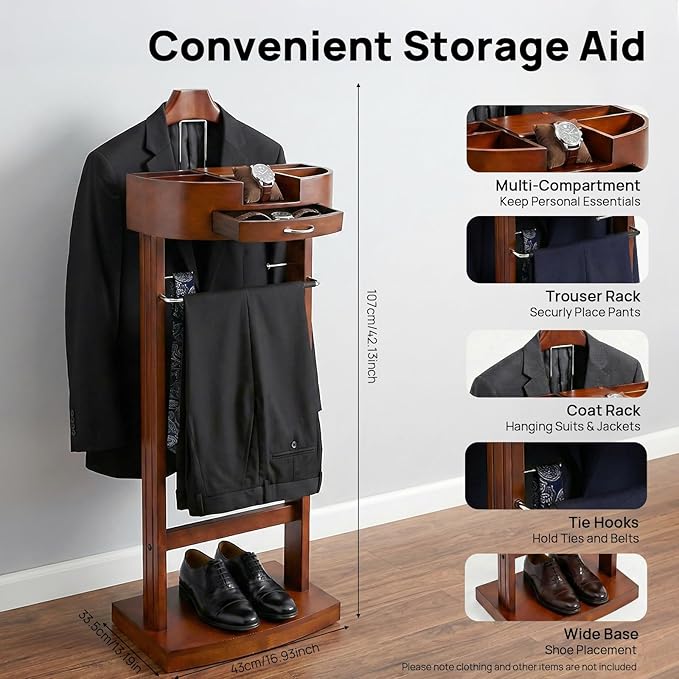 Wood Men Valet Stand with Drawer, Standing Suit Valet Stand, Clothes Organizer Rack for Home Entryway Living Room Bedroom Office, 22lbs Load Capacity(Brown)