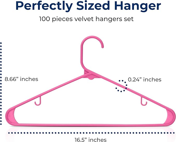 SereneLife 100-Piece Plastic Shirt Hangers – Non-Slip, Slim, Heavy Duty Clothing Hangers for Closets, Space Saving Lightweight Design for Dresses Shirts Coats and Everyday Wardrobe Organization (Pink)