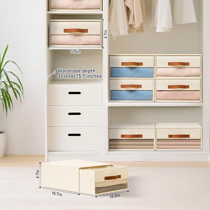 DIMJ Closet Organizers and Storage - Fabric Bins with Drawers for Closet Foldable Clothes Organizers with Clear Window, Stackable Storage Drawers for Bedroom, Living Room, 4-Pack, Beige