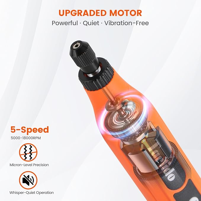 Cordless Rotary Tool, 5-Speed Rotary Tool Kit, Continuous Use While Charging, Permanent Speed Memory, 2.0Ah Capacity, 18000RPM, 31 Accessories for Craft and DIY, Orange