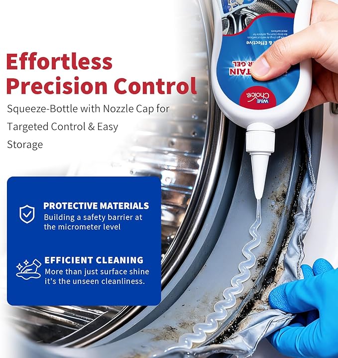 W&E Choice Stain Remover Gel Cleaner for Shower, Bathroom Tile Grout and Caulk - Heavy Duty Cleaner for Front Load Washing Machine Rubber Seal - No Scrubbing Gel Formula, 8.8 Fl Oz