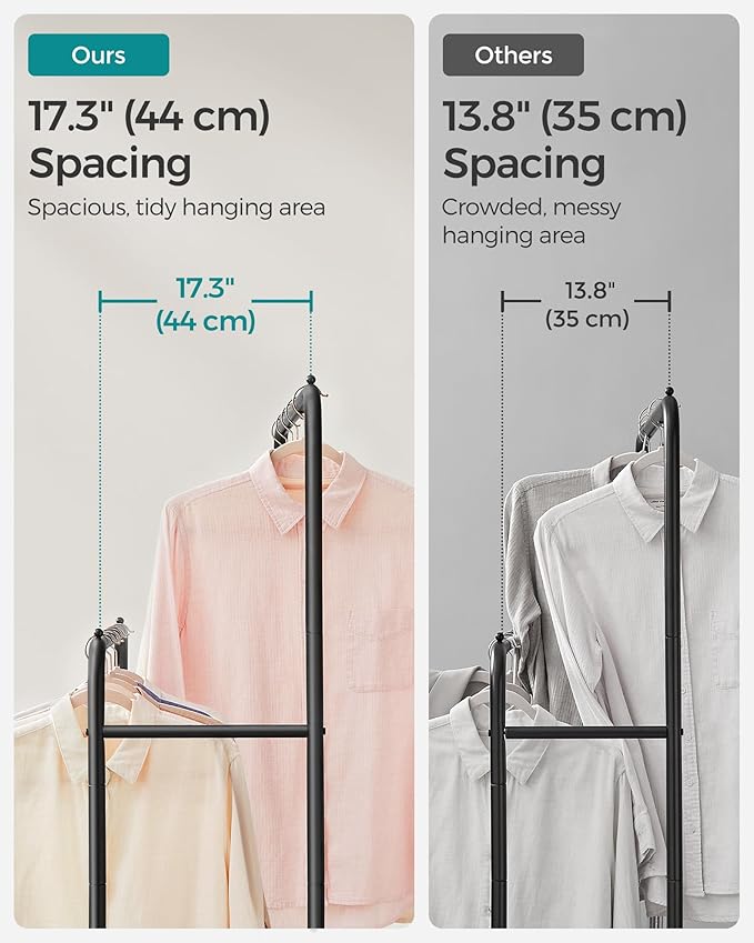 SONGMICS Double Rods Clothes Rack with Wheels, Clothing Rack for Hanging Clothes, Heavy Duty Garment Rack with Mesh Storage Shelf, 2 Brakes, Each Top Rail Holds up to 77 lb, Black UHSR26BKV1
