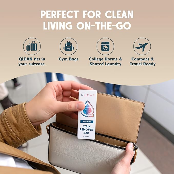 QLEAN Vegan Stain Remover Bar for Fabrics, Laundry Bar Soap for Clothes – Plant-Based, Travel-Friendly Stain Remover for Grease, Wine, Coffee, Grass & More – Non-Toxic & Safe for Delicates (1)