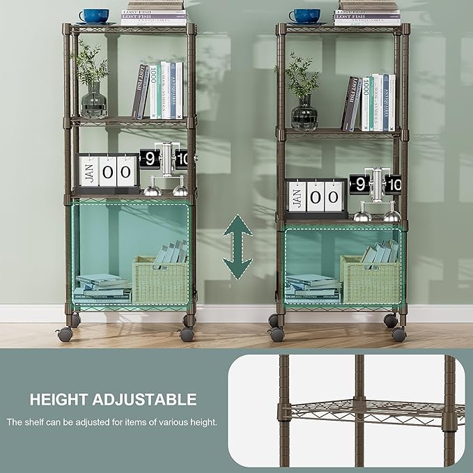 M MZG 1000 lbs 4-Shelf Adjustable Heavy Duty Steel Wire Rack, Adjustable Storage Shelving Unit with Wheel for Kitchen, Garage, Laundry Brown 11.8" D x 17.7" W x 40.8" H
