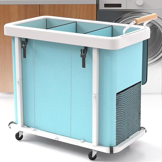 230L (60 Gal) Extra Large Fashion Laundry Sorter 3 Section with Lid, Rolling Laundry Basket Hamper with Handle, Laundry Organizer Storage Cart with Sturdy Metal Frame for Laundry Room,Hotel,Blue