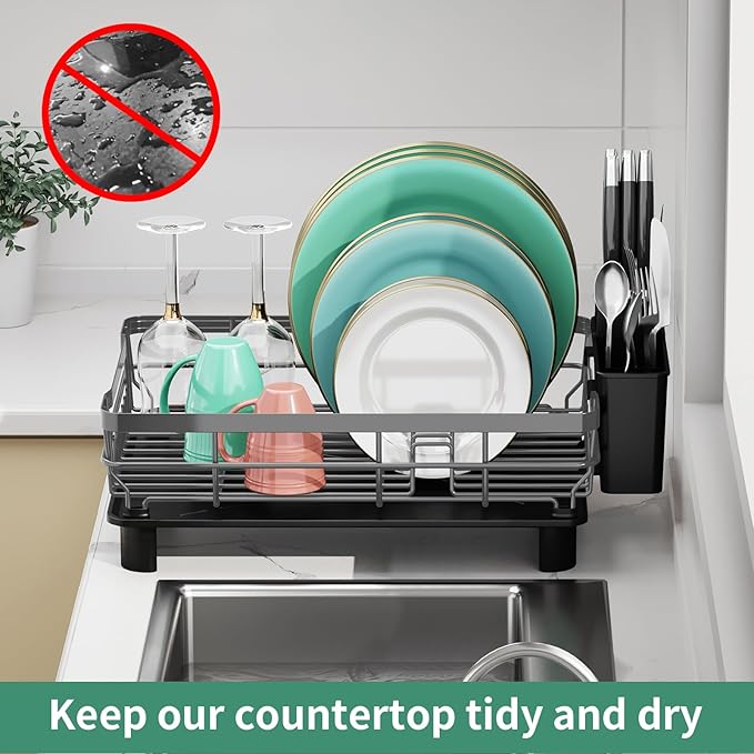 MOUKABAL Dish Drying Rack, Dish Rack, Stainless Steel Dish Racks for Kitchen Counter, Dish Drainer with Removable Utensil Holder, Drainboard (Grey,13''W x 17''L)