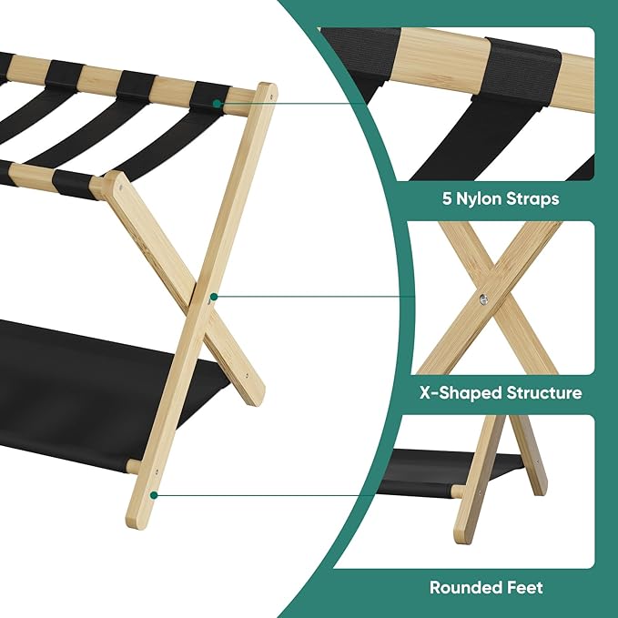 Smuxee Natural Bamboo Luggage Rack for Guest Room, Foldable Suitcase Stand with Storage Shelf, Easily Assembled Luggage Stand with 5 Nylon Straps for Guest Room Bedroom Hotel