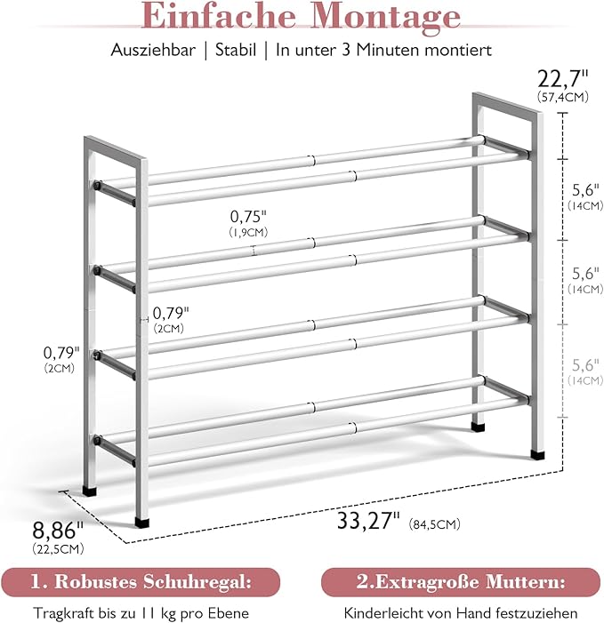 Bumusty 4-Tier Expandable Shoe Rack for Closet, 18“-33” Adjustable Shoe Rack for Small Space, Small Shoe Organizer for Front Door, Sturdy Metal, White