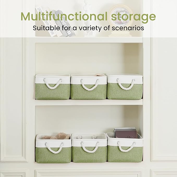 Storage Baskets for Shelves 13.8x9.8x6.7 Inch-Foldable Fabric Organizing Storage Bins with Handles, Closet & Bathroom Organizer, Home Storage for Kitchen, Office (6-Pack, White&Green )