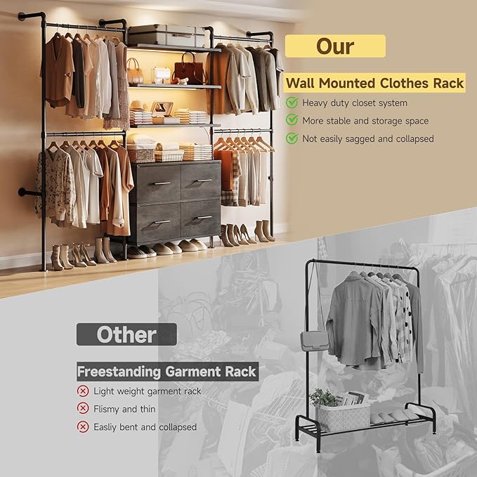 T3 Closet System with Stepless Dimmable LED Light, Industrial Pipe Clothing Rack with 4 Drawers, 6 Wooden Shelves & 4 Telescopic Rods, Heavy Duty Closet Organizers in Wardrobe Closet (Black Gray Oak)