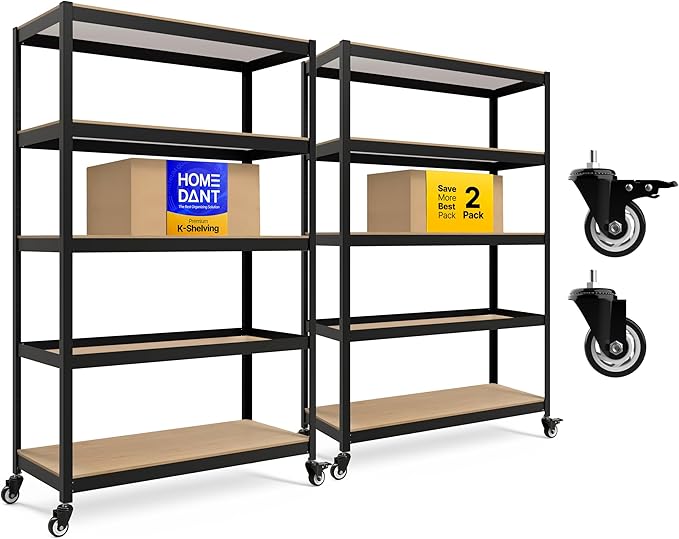 HOMEDANT House 48.1" 5-Tier Metal Rolling Cart Shelf Rack Casters Heavy Duty Laminated Wheel Shelving Unit Adjustable Utility Storage Shelves Shelf Kitchen Garage Black 2Pack