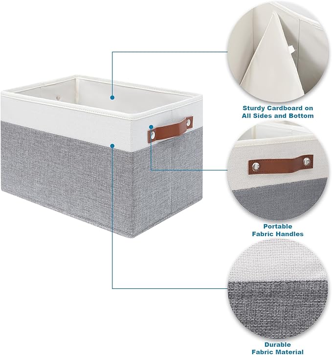6 Pack Fabric Storage Baskets for Shelves, Closet Storage Bins for Shelves, Fabric Baskets for Organizing with Handles for Home and Office (White with Grey,15"L*10.2"W*9"H)