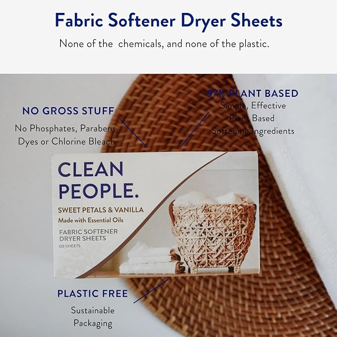 The Clean People Fabric Softener Sheets - Dryer Sheets - Softens & Removes Static Cling - Vegan Laundry Softener, Essential Oils - Sweet Petals, 120 Pack
