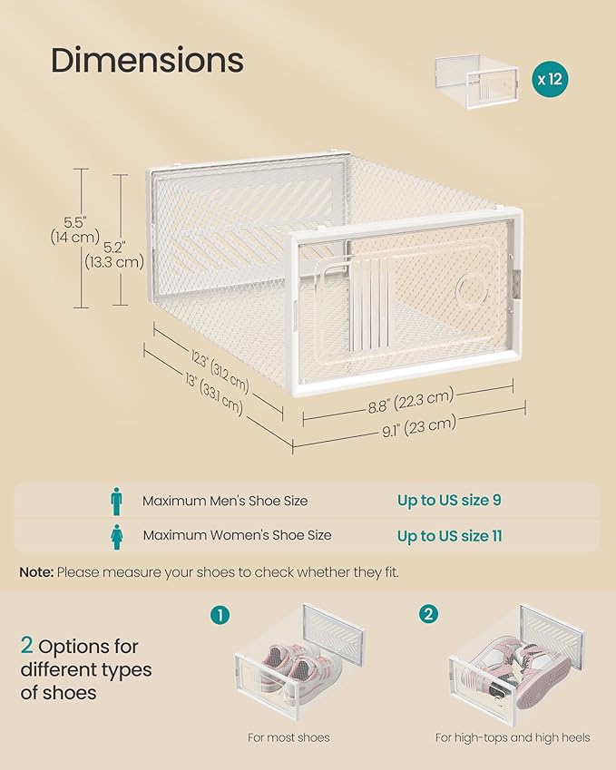 SONGMICS Stackable Shoe Boxes, Foldable Shoe Storage Organizers, Ventilated, for Max. Men's Shoes US Size 9 or Women's Shoes US Size 11, Sneakers, Set of 12, Transparent and White ULSP106W12V2