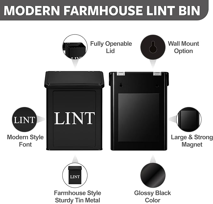 Calindiana Modern Farmhouse Metal Magnetic Lint Bin with Lid and Laundry Room Organization and Storage Wall Mount Space Saving Washer and Dryer Trash Can (Black (LINT Brush Set))