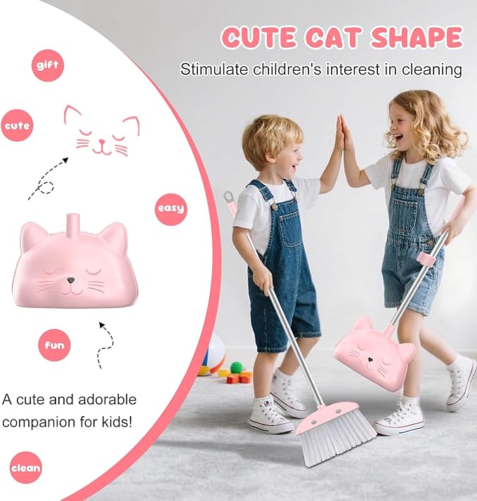 nacena Mini Broom with Dustpan & Mop for Kids, 28-in Handle Kids Brooms and Dustpan Set for Toddlers Cat-Shaped Children Broom and Cleaning Set Boys Girls Small Housekeeping Helper Sets, Pink