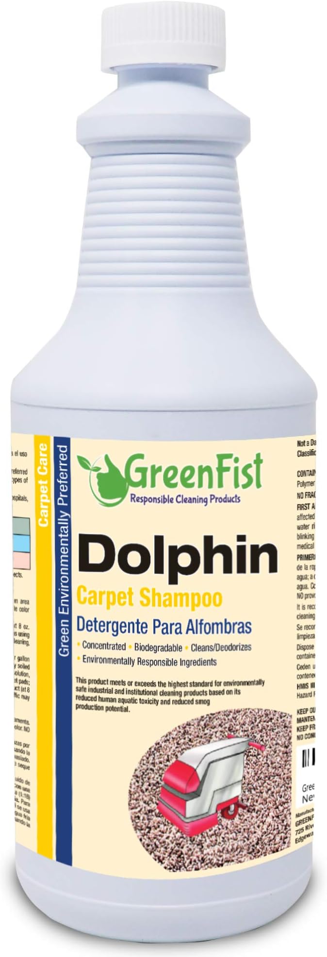 GreenFist Dolphin Carpet Extractor Odor & Stain Remover Shampoo ( Concentrated )Deep Cleaner and Deodorizer[ Any Rug, Upholstery or Carpet Machine] Unscented Formula, 1 Quart Bottle