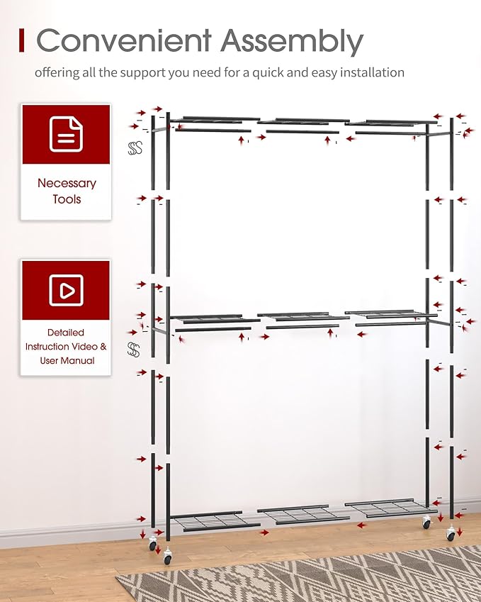Sakugi Clothes Rack - 45.2" x 12.2" x 79.5" Clothing Rack with Shelves & Wheels, Multi-Functional Wardrobe Closet with Hooks, Sturdy Metal Garment Rack for Bedroom, Laundry, Balcony (Black)