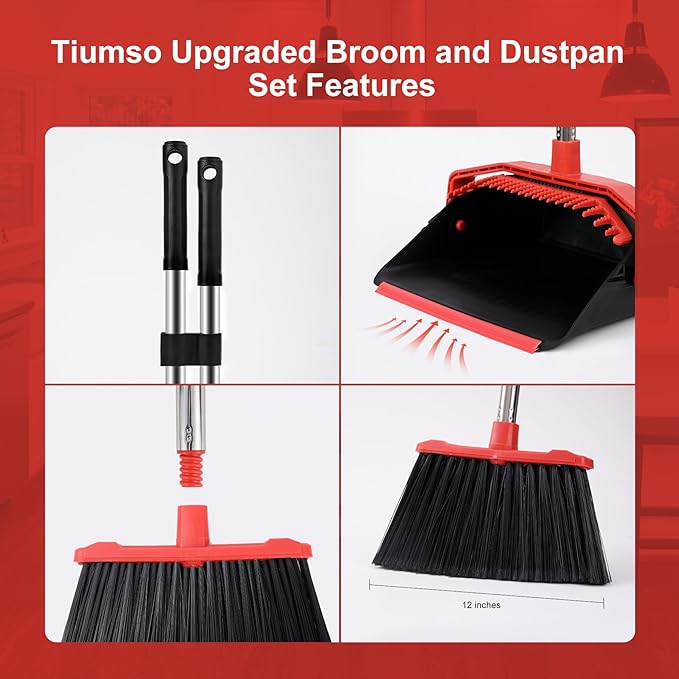 Large Upright Broom and Dustpan, Heavy Duty Dust Pan with 51" Long Handle for Indoor Outdoor Garage Kitchen Room (Black and Red)