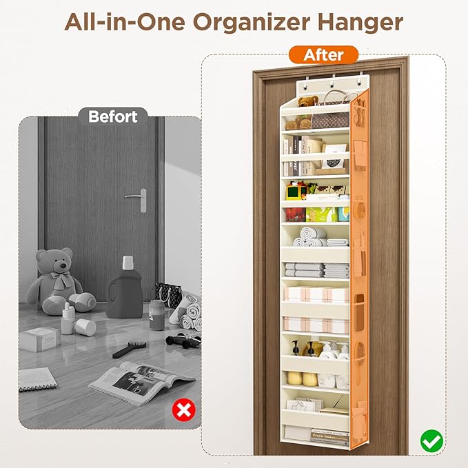 Mefirt Over The Door Organizer, 7 Tier Door Hanging Organizers with 7 Large Pockets 12 Side Pockets, Behind Door Storage Hanging Shelves for Closet Bathroom Bedroom Nursery