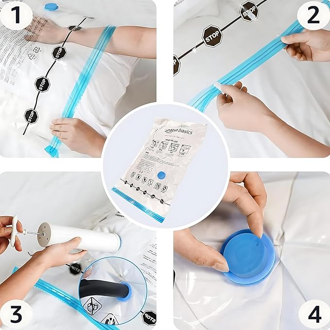 Amazon Basics Vacuum Storage Bags with Hand Pump for Travel, Space Saving Compression Bags for Clothes, Clothing, Blankets and Duvets, Clear, 20 Pack (5 Small, 5 Medium, 5 Large & 5 Jumbo)
